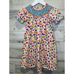 Smocked Bishop Dress Girls Size 3T Banana Split Whimsical Polka Dot EUC
